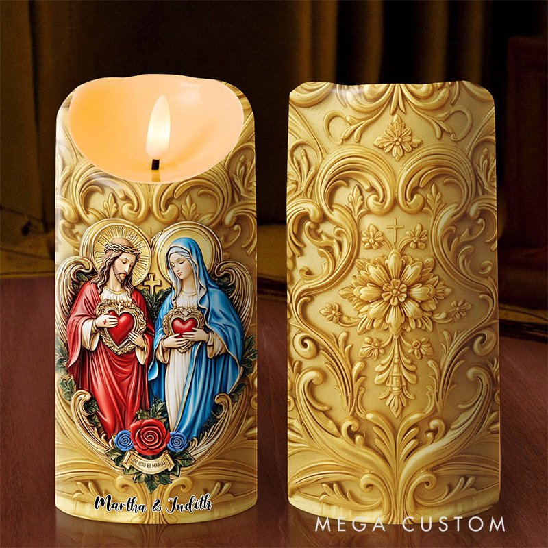 Personalized Eternal Hearts of Heaven Flameless LED Candle with Name Catholic Religious Decor Sacred Heart of Jesus and Virgin Mary Prayer Faith Gift