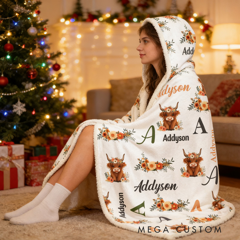 Personalized Flower Cow Blanket Hoodie Custom Wearable Blanket Hoodie with Name for Gardening Lovers Birthday Gift for Gardener