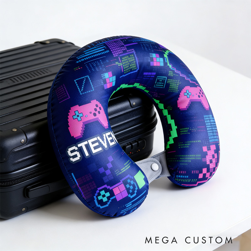 Personalized Glitch Art Style Gamer Graphic 3D Print Game Controller U-Shaped Pillow for Game Lovers Travel Neck Pillow Christmas Gift for Kids