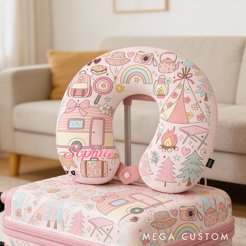 Personalized Camping Adventure Travel U-Shaped Pillow with Custom Name for Outdoor Camping and Hiking Lovers Gift for Kids