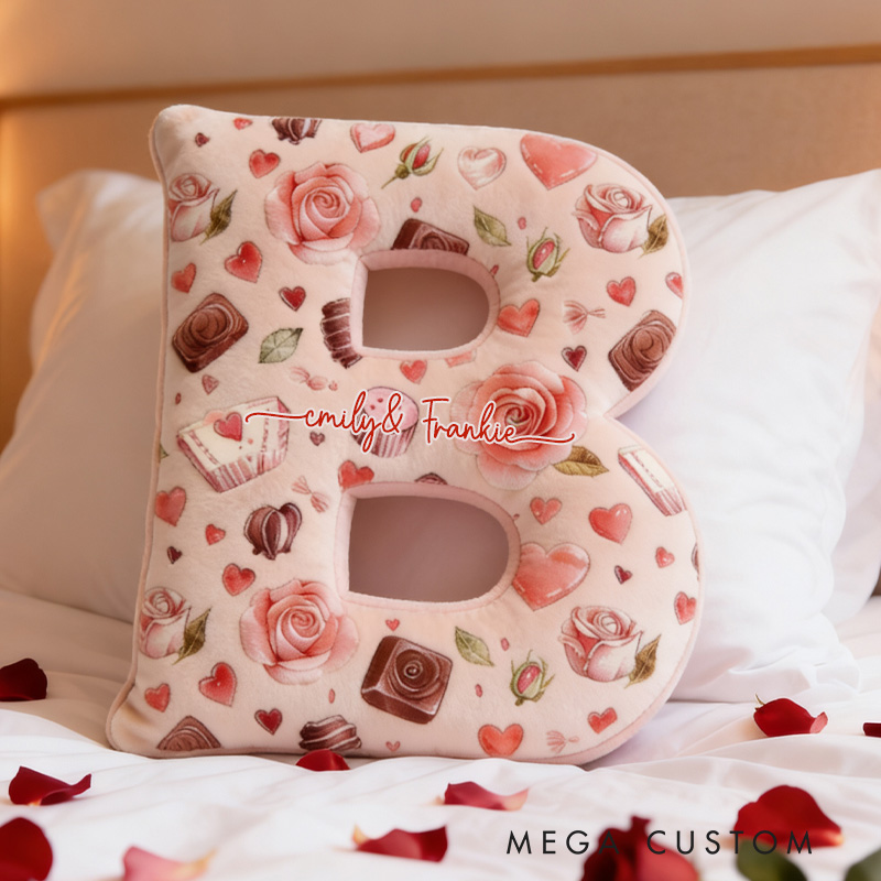 Personalized Chocolate and Heart Alphabet Throw Pillow with Name Graphic 3D Print Cupcake Heart Pillow for Boyfriend Girlfriend Valentines Day Gifts Baking Lover Gift