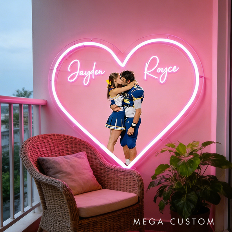 Personalized Football Player Couple Heart Neon Sign with Names and Photo for Romantic Valentine’s Day Decor