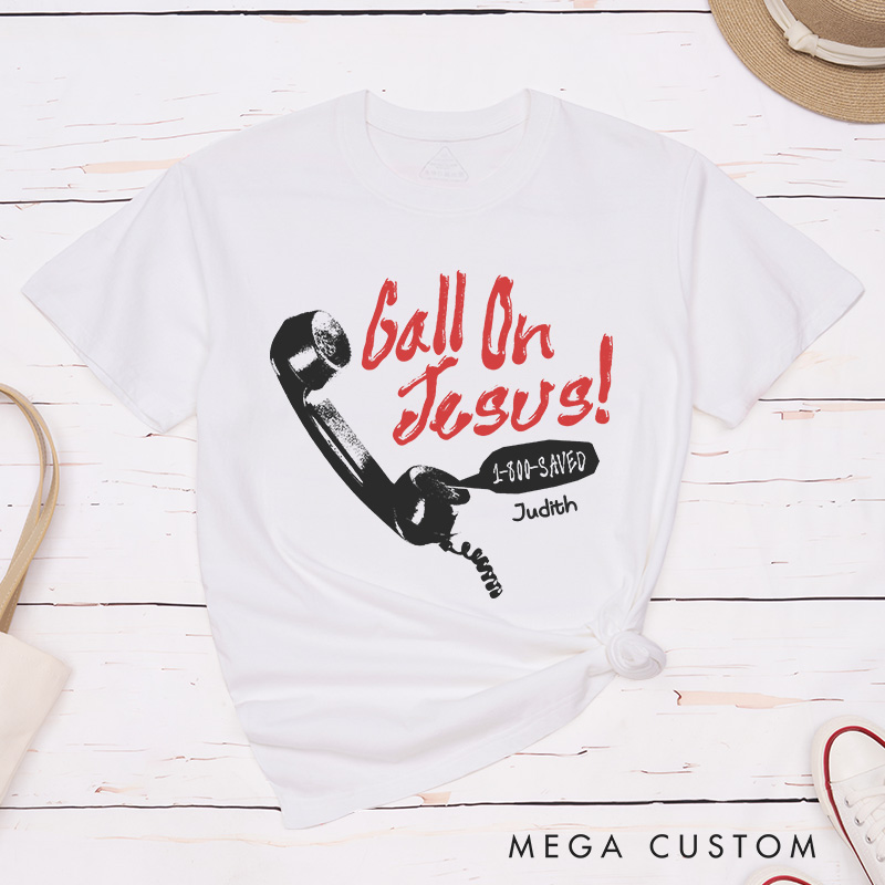 Personalized Call on Jesus Classic T-Shirt with Name Christian Cotton T-Shirt Retro Telephone Shirt Jesus Tee Religious Christian Gift for Jesus Lover