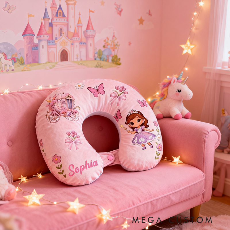 Personalized Christmas Gift Neck Pillow with Princess Carriage and Fairy Tale Pastel Design and Custom Name for Magic Lovers Travel Neck Pillow