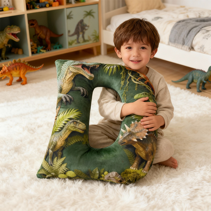 Dinosaur World Initial Graphic 3D Print Pillow with Name Christmas Gift for Kids