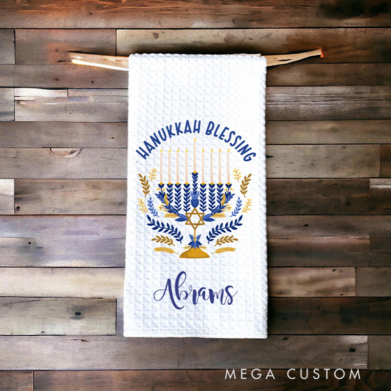 Personalized Hanukkah Blessing Soft Waffle Tea Towel with Name Kitchen Decor Jewish Holiday Menorah Dish Towel Happy Hanukkah Gift for Jewish Family