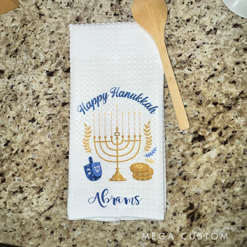 Personalized Happy Hanukkah Soft Waffle Tea Towel with Name Kitchen Decor Hanukkah Menorah Dreidel Dish Towel Happy Hanukkah Gift for Jewish Family