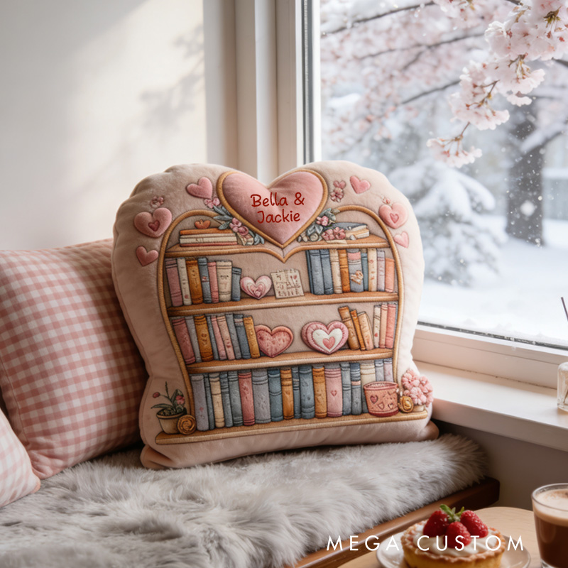 Personalized Valentine Bookcase Throw Pillow Graphic 3D Bookshelf Pillow with Name for Girlfriend Wife Bookish Bookworm Valentines Day Gift