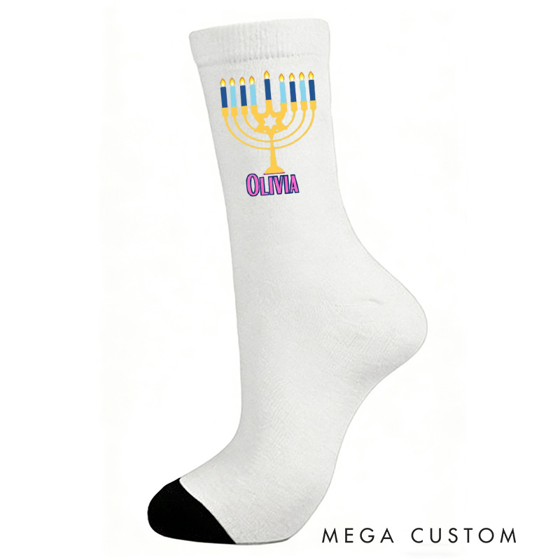Personalized Hanukkah Menorah Socks with Blue Yellow or Pink Custom Name Religious Gift Happy Hanukkah Gift for Jewish Family