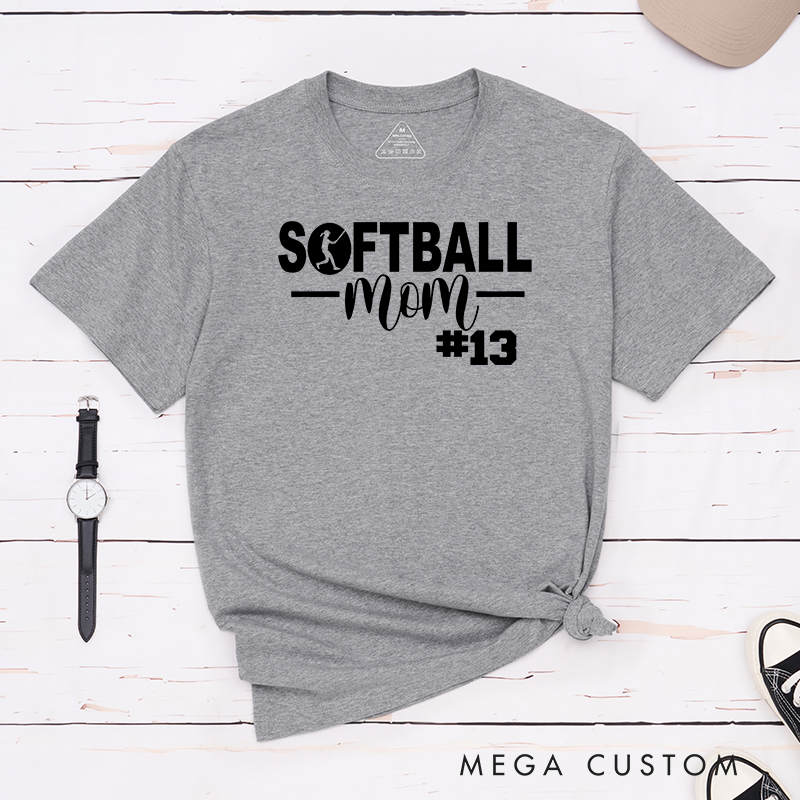 Personalized Softball Mom T-Shirt Design Featuring Bold Text Player Number and a Stylish Softball Silhouette Graphic