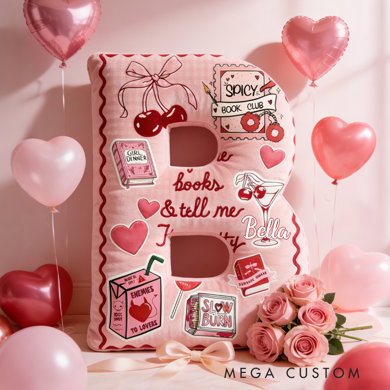 Personalized Buy Me Books Alphabet Throw Pillow Graphic 3D Book Club Letter Pillow with Name for Girlfriend Wife Book Lover Bookish Bookworm Valentines Day Gift