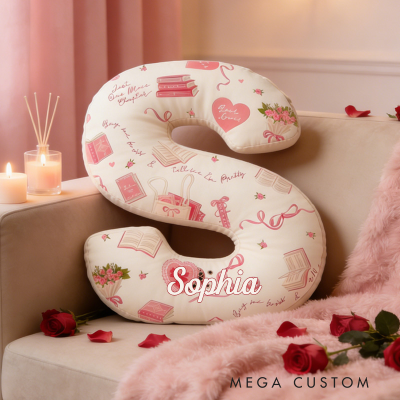 Personalized Buy Me Books Alphabet Throw Pillow Graphic 3D Book Lover Letter Pillow with Name for Girlfriend Wife Bookish Bookworm Valentines Day Gift