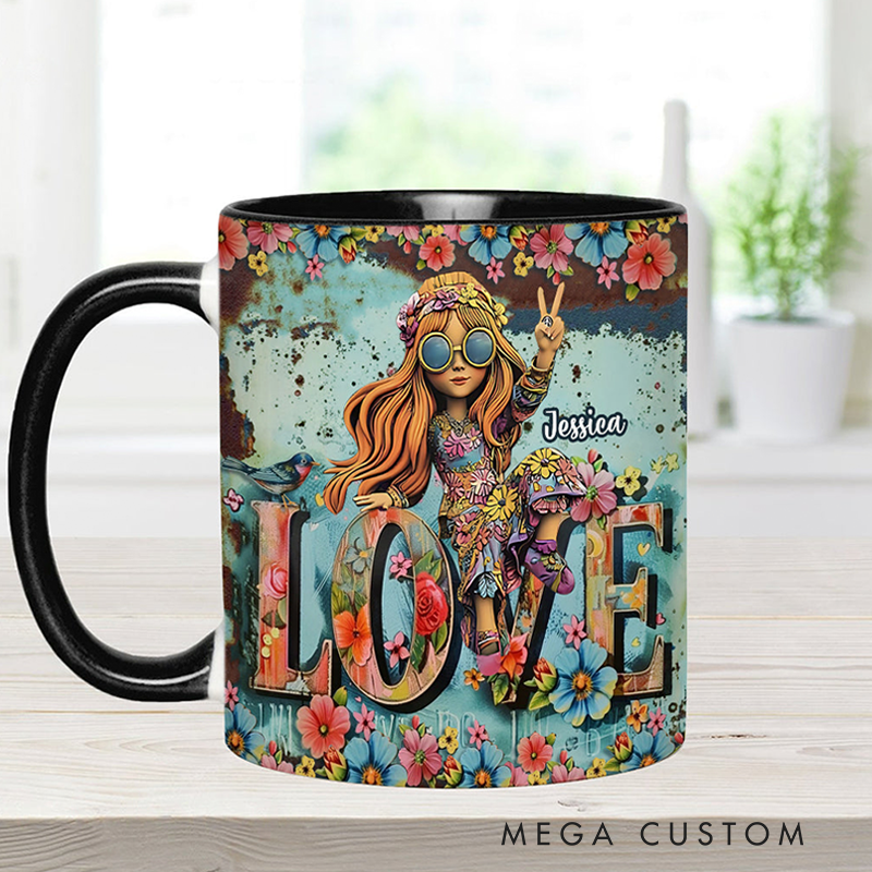 Personalized Hippie Accent Mug Custom Name Hippie Girl Hippie Soul Peace Love Mug for Music Lover Gift