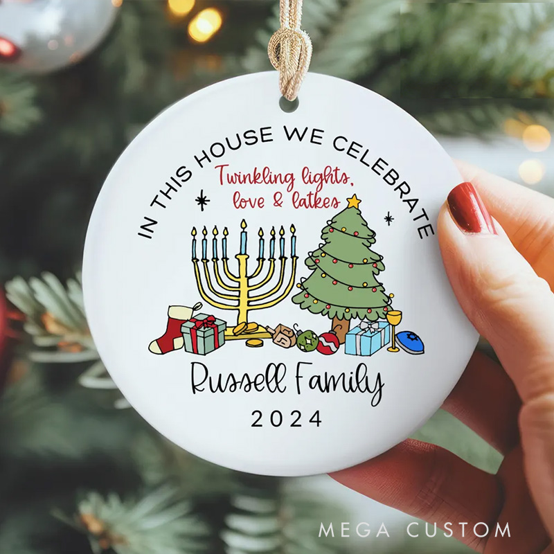 Personalized Hanukkah Christmas Ornament with Custom Family Name and Year Jewish Christmas Decor Merry Chrismukkah Gift Interfaith Family Gift