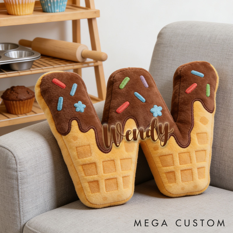 Personalized Waffle Cone Initial Pillow Graphic 3D Print Pillow with Name for Baking Lovers 