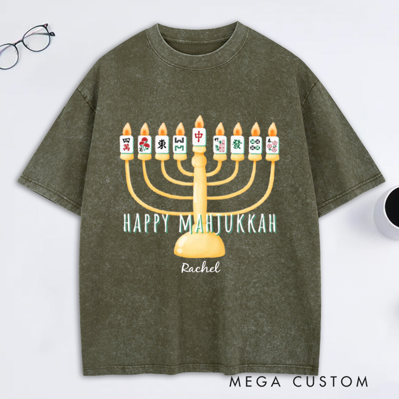Personalized Hanukkah Mahjong Washed T-Shirt with Name Mahjong Lovers Holiday Shirt Mahj Funny Tee Jewish Holiday Gift Religious Funny Gift