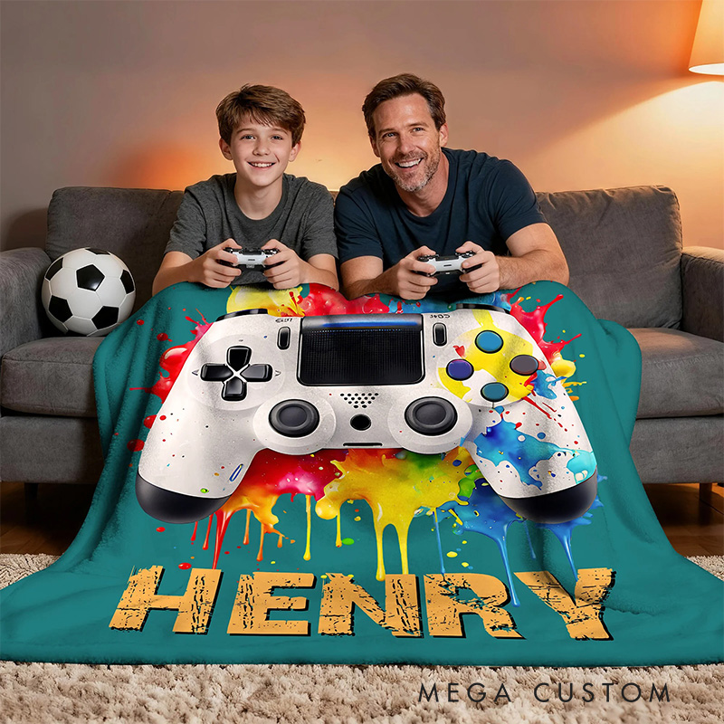 Personalized Game Controller Splatter Paint Soft Throw Blanket with Name and Title Gamer Home Decor Birthday Gift for Game Lover Kid