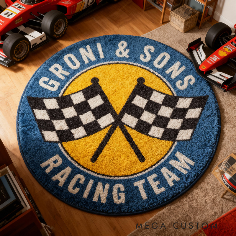 Personalized Racing Team Rug Custom Name Checkered Flag Round Carpet Gift for Car Lovers Garage Decor
