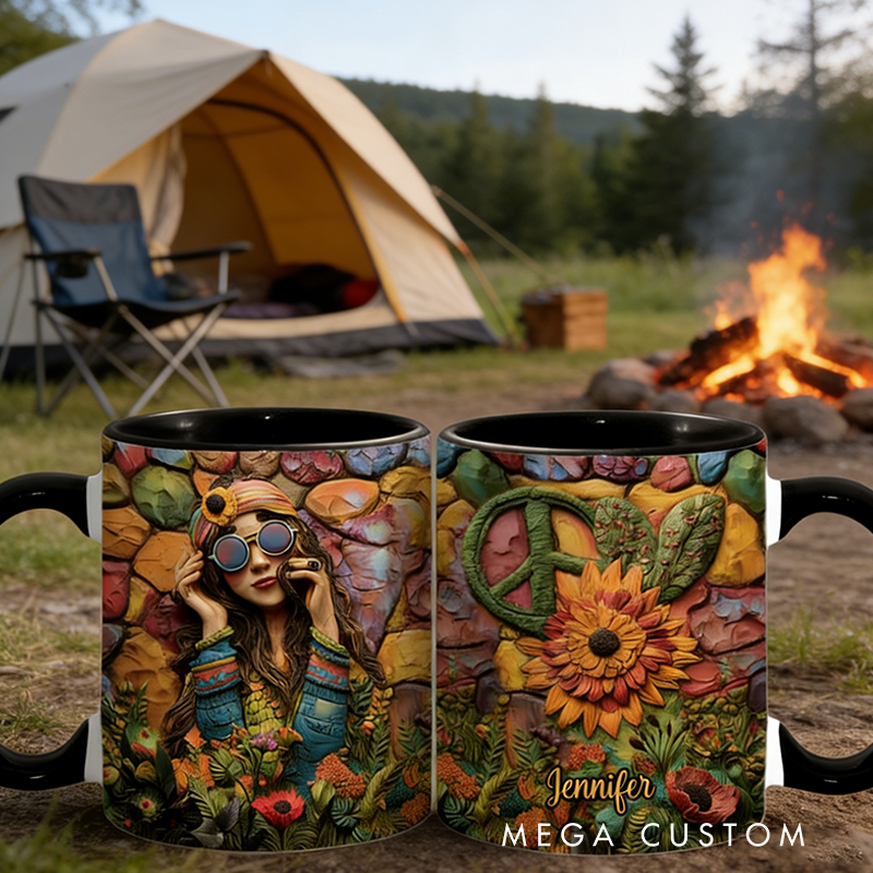 Personalized Hippie Accent Mug Custom Name Hippie Girl Hippie Soul Peace Love Mug for Music Lover Gift