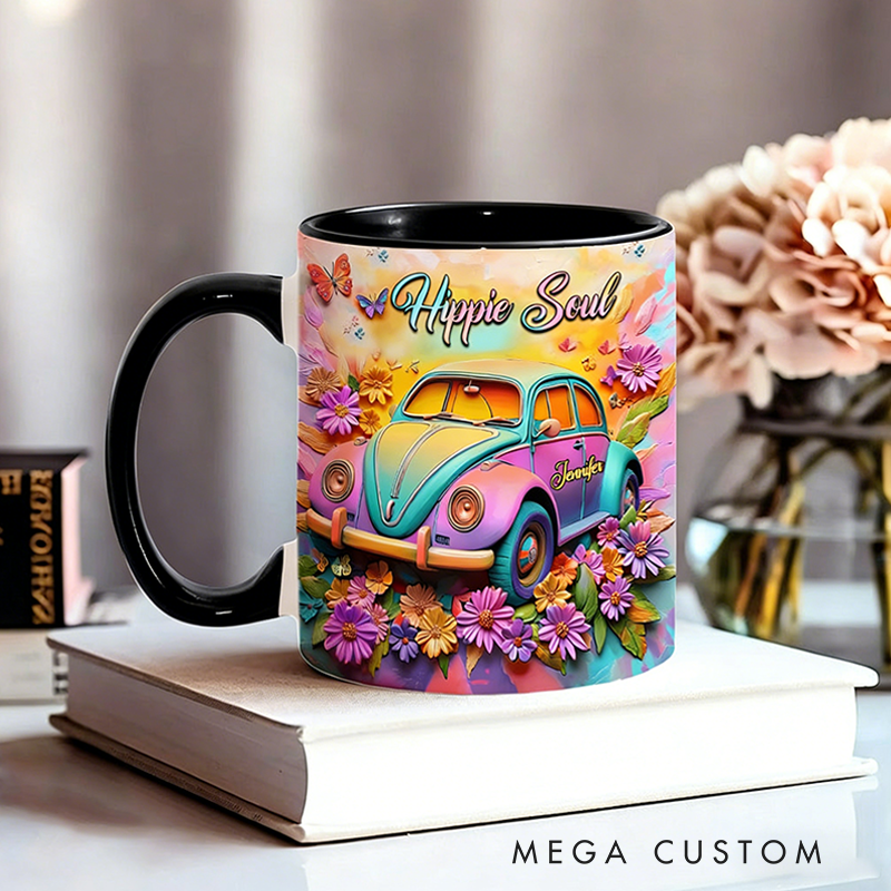 Personalized Hippie Souls Accent Mug Custom Name Colorful Hippie Car Hippie Coffee Mug Bohemian Coffee Mug
