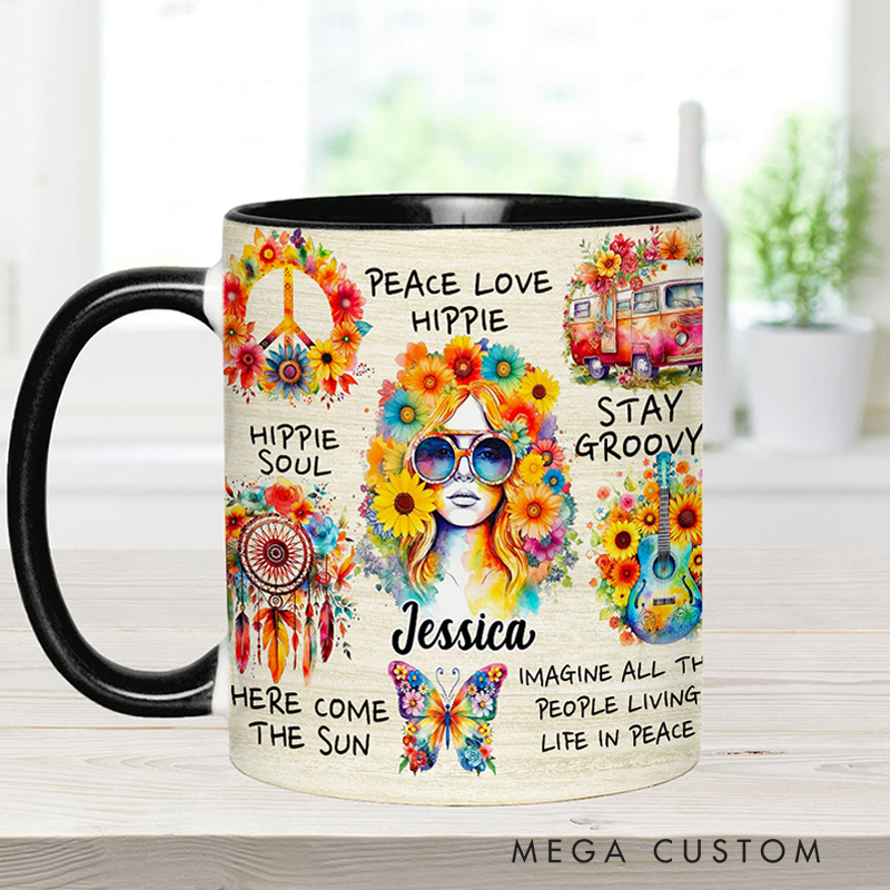 Personalized Hippie Accent Mug Custom Name Hippie Girl Hippie Soul Peace Love Mug for Music Lover Gift