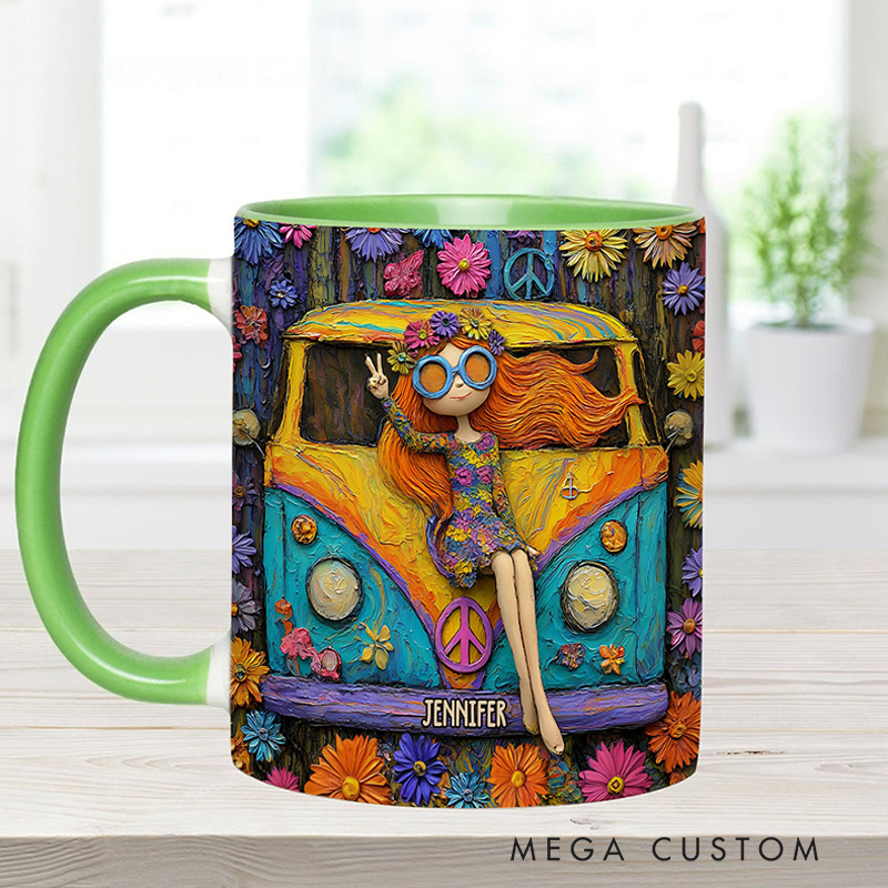 Personalized Hippie Accent Mug Custom Name Hippie Girl and Cars Hippie Soul Peace Love Mug for Music Lover Gift