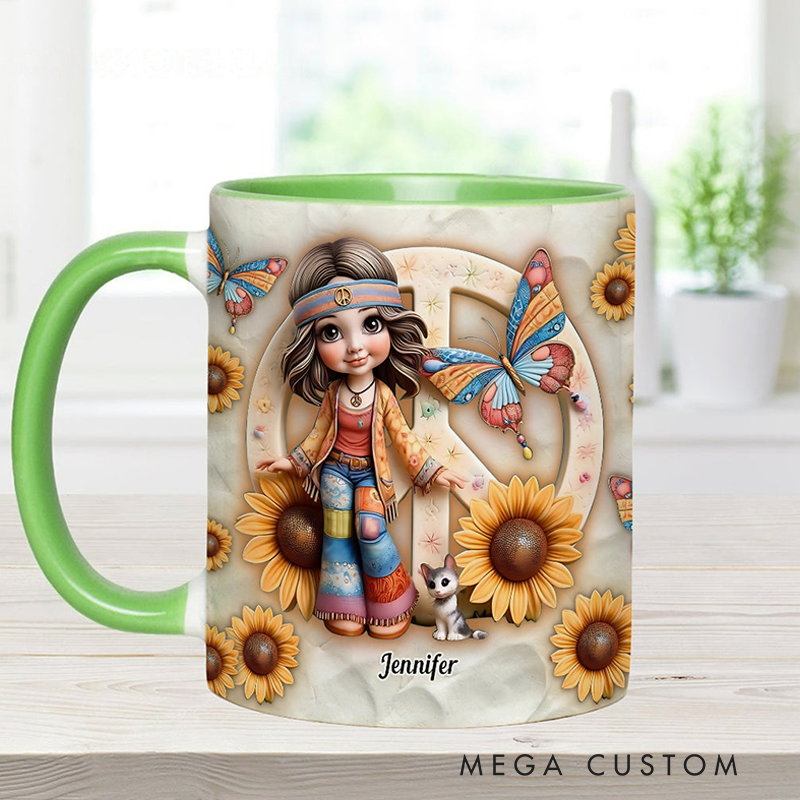 Personalized Hippie Accent Mug Custom Name Hippie Girl Hippie Soul Peace Love Mug for Music Lover Gift
