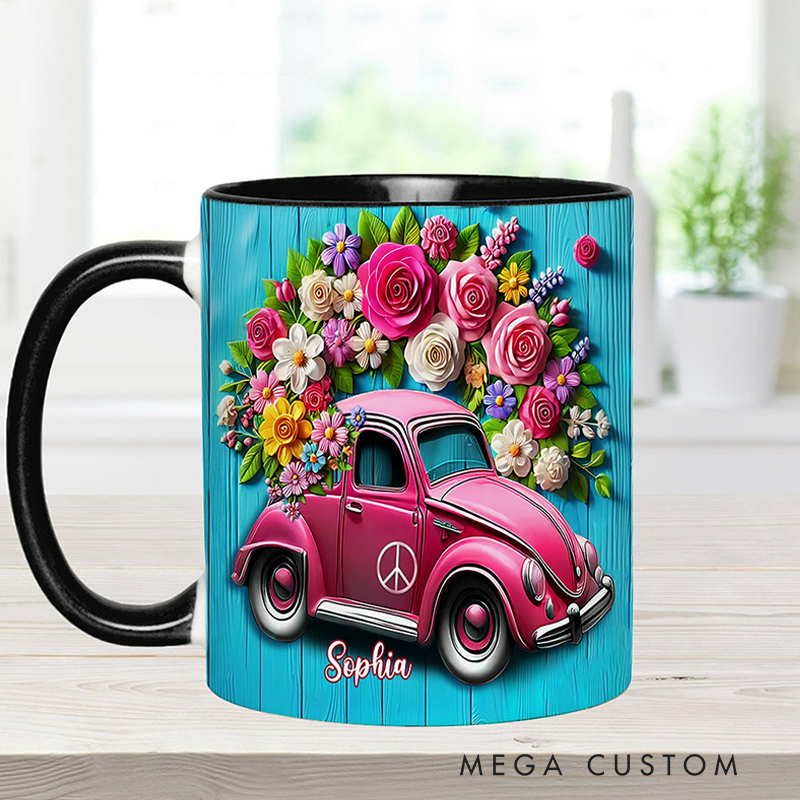 Personalized Hippie Accent Mug Custom Name Colorful Hippie Cars Mug for Music Lover Gift
