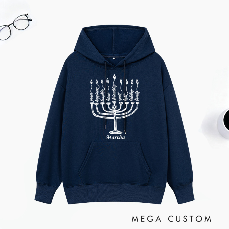 Personalized Peace Laughter Hanukkah Classic Hoodies with Name Unisex Hoodies Religious Gift Happy Hanukkah Gift for Jewish People