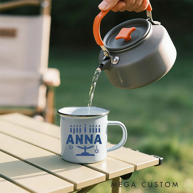 Personalized Hanukkah Menorah Campfire Enamel Mug with Custom Name Happy Hanukkah Gift for Jewish Gift for Campfire Adventurers Outdoor Enthusiasts