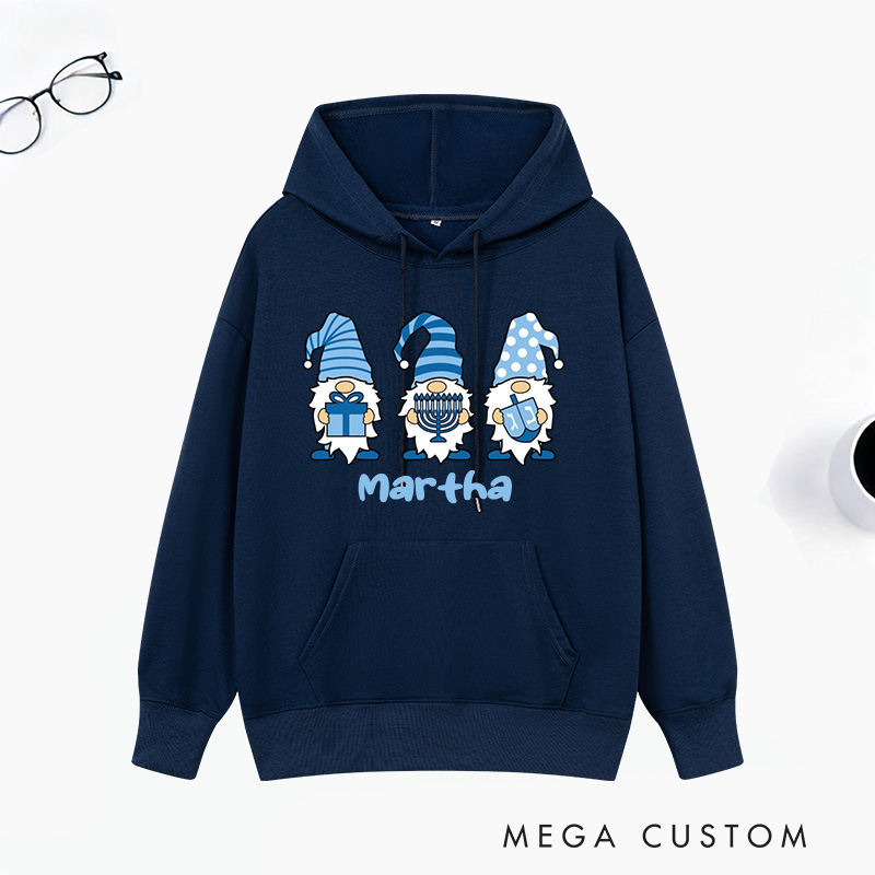 Personalized Gnomes Hanukkah Classic Hoodies with Name Unisex Hoodies Religious Gift Happy Hanukkah Gift for Jewish People