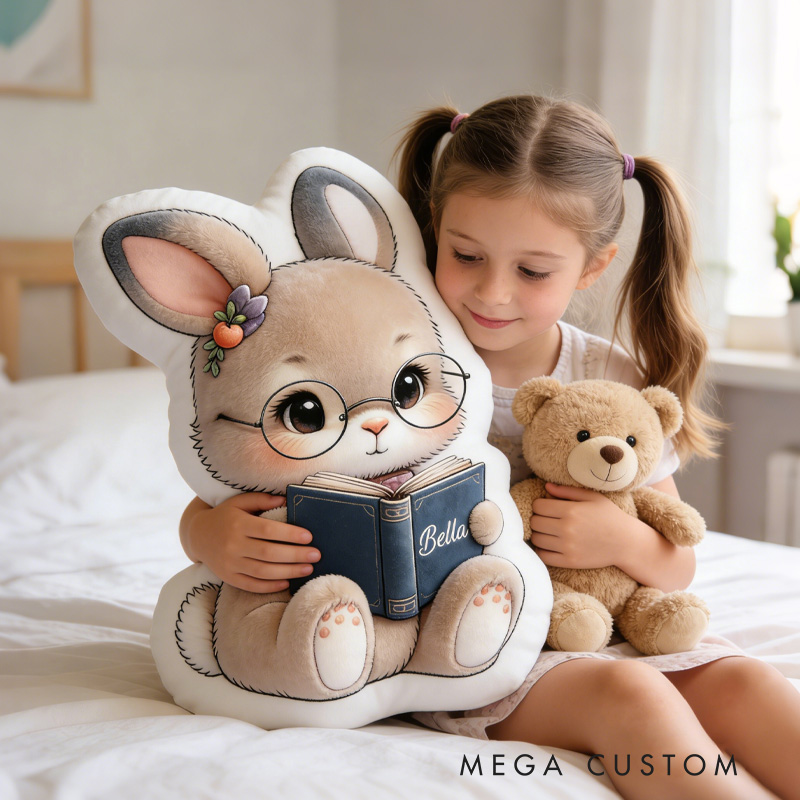 Personalized Reading Bunny Throw Pillow Graphic 3D Rabbit Reading Letter Pillow with Name for Kids Boy Girl Book Lover Bookish Bookworm Gift