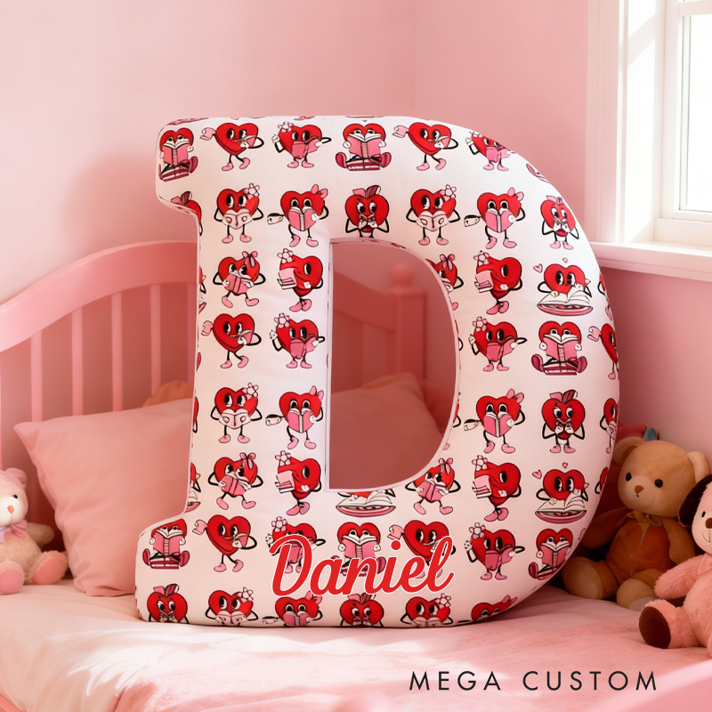 Personalized Bookish Heart Alphabet Throw Pillow Graphic 3D Reading Heart Letter Pillow with Name for Boyfriend Girlfriend Book Lover Bookish Bookworm Valentine's Day Gift
