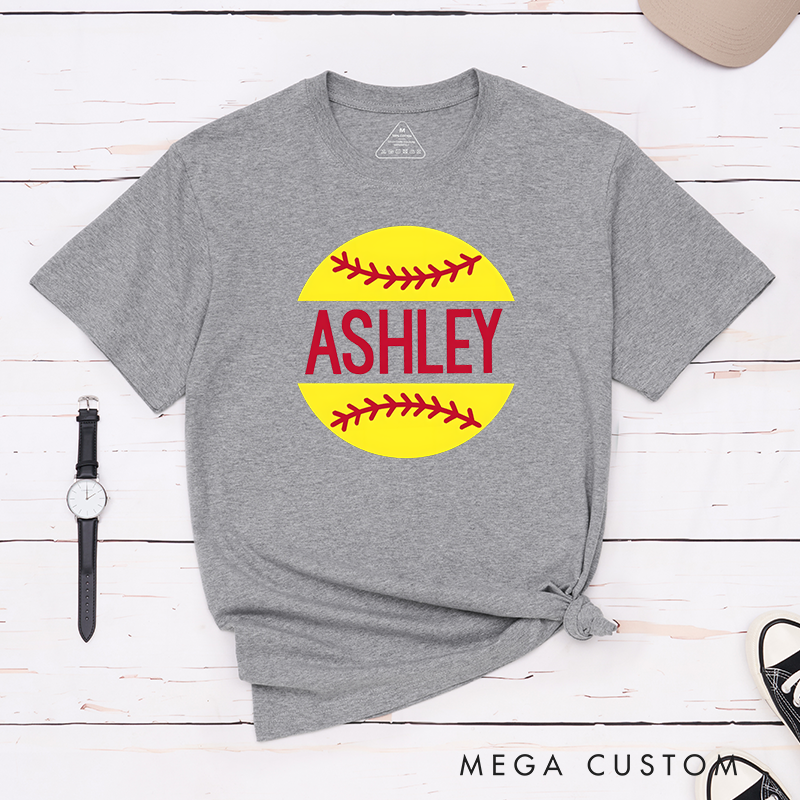 Personalized Softball T-Shirt Design Featuring Custom Name Bold Text and Bright Softball Graphic