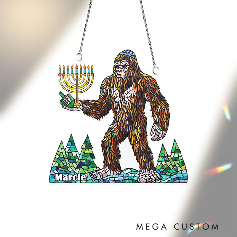 Personalized Holographic Bigfoot Hanukkah Suncatcher Ornament with Custom Name Sasquatch Judaica Window Hanging Hanukkah Decor Happy Hanukkahs Gift