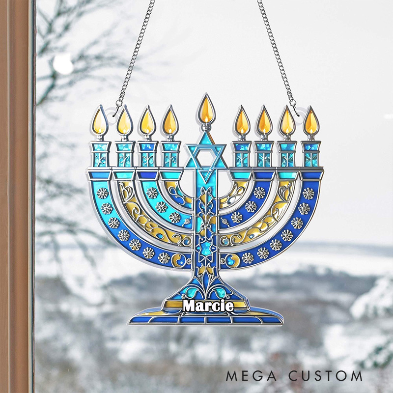 Personalized Hanukkah Menorah Suncatcher with Custom Name Jewish Window Hanging Sign Chanukah Jewish Holiday Star of David Happy Hanukkahs Israel Gift