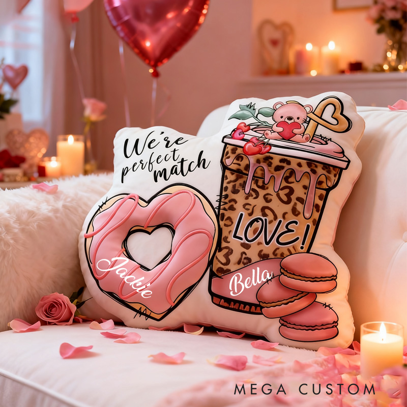 Personalized You're Perfect Match Throw Pillow Graphic 3D Print Heart Donut Couple Food Pillow with Name for Girlfriend Boyfriend Baking Lover Gifts Valentine's Day Gift