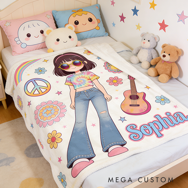Personalized Hippie Style Blanket Custom Name Hippie Girl Hippie Soul Peace Love Blanket for Music Lover Gift