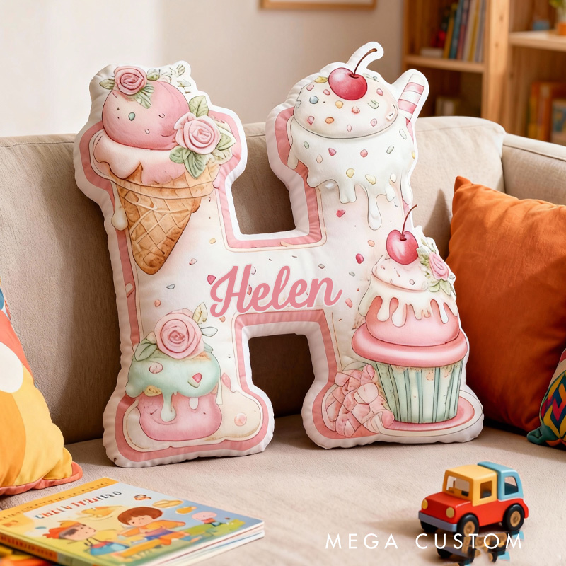 Personalized Donut Alphabet Throw Pillow Graphic 3D Print Cupcake Letter Pillow with Name for Girl Boy Kids Initial Pillow Baking Lover Gifts