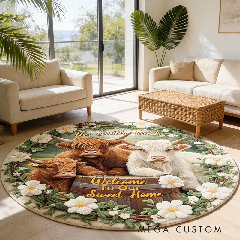 Personalized Welcome To Our Sweet Home Rug Custom Highland Cow Round Rug with Name for Family New Home Gifts Housewarming Day Gift