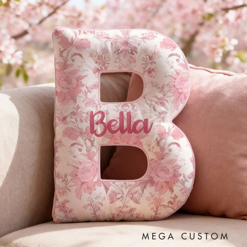 Personalized Initial Pillow Pink Floral Custom Name Pillow for Girls Gardening Lovers Gift 