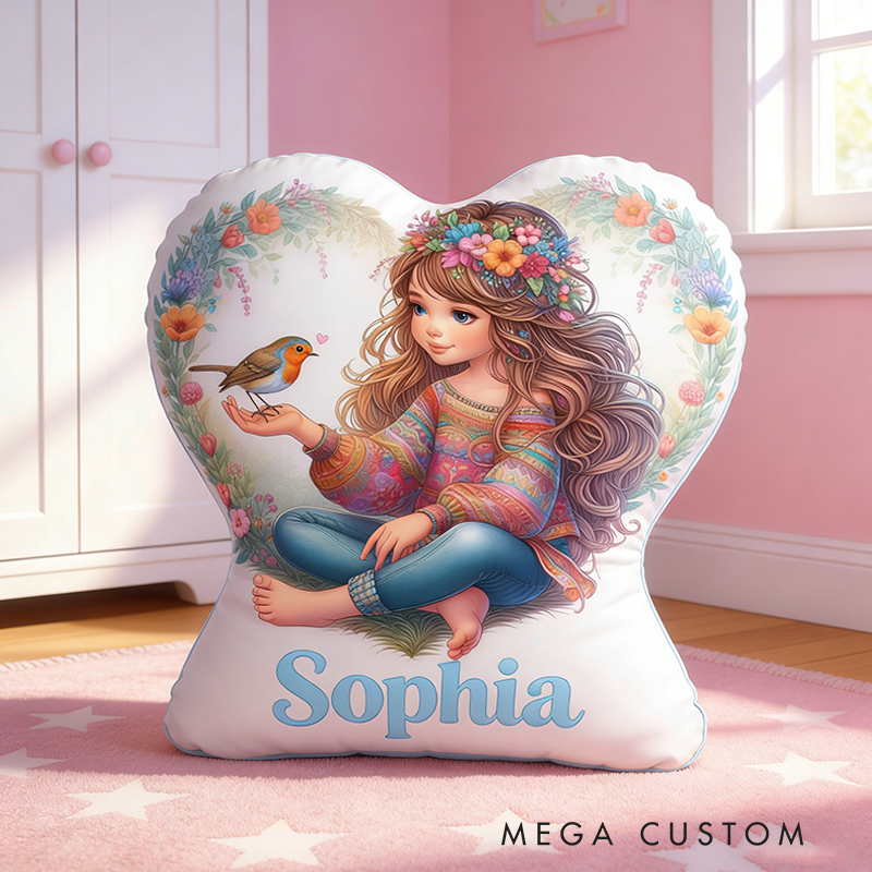 Personalized Heart Shaped Pillow Custom Name and Bohemian Girl Floral Wreath Bird Design for Her