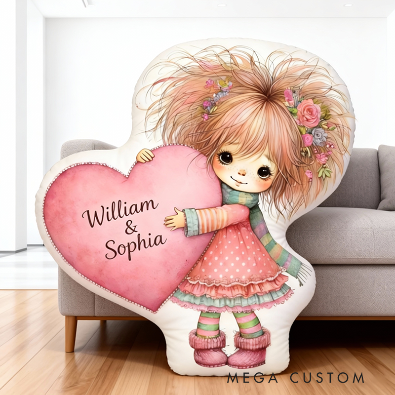 Personalized Cute Hipper Girl Hugging Heart Pillow Custom Names and Bohemian Girl Heart Design for Her