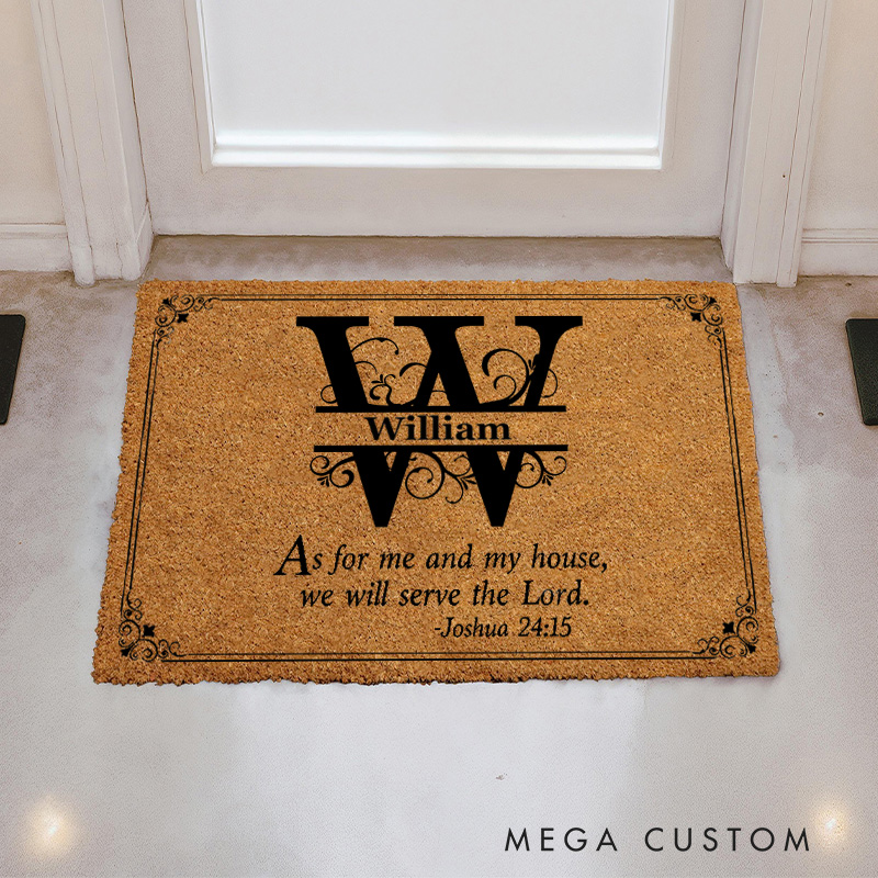 Personalized We Will Serve the Lord with Initials of Family Name Doormat Non-Slip Welcome Mat Religious Housewarming Gift