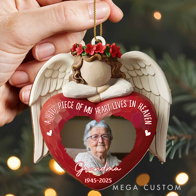 Personalized Wood Ornament A Big Piece Of My Heart Lives In Heaven Angel Heart Ornament Memorial Gift for Family