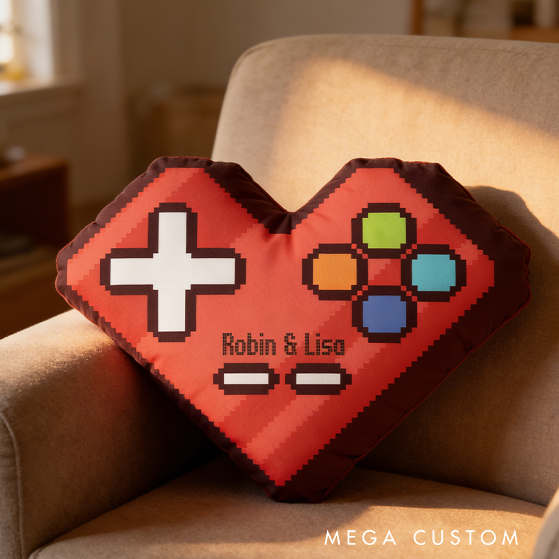Personalized Pixel Art Gamer Heart Pillow Gamer Couple Pillow with Name Custom Geek Gamer Gifts