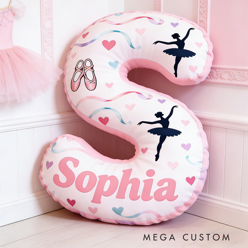 Personalized Graphic 3D Swirling Ribbons Ballerina Alphabet Shaped Pillow for Dance Lovers Initial Pillow Christmas Gift for Kids