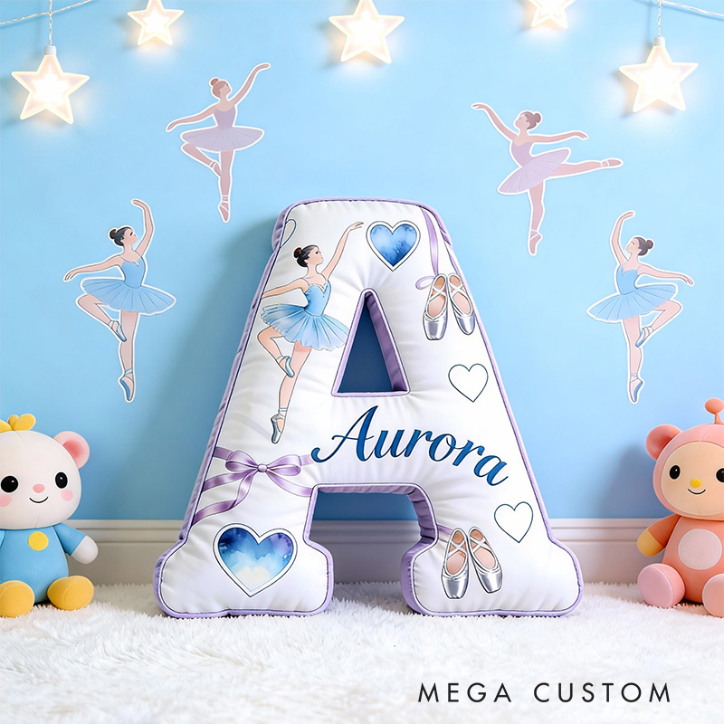 Personalized Graphic 3D Blue And Purple Dream Ballerina Alphabet Shaped Pillow for Dance Lovers Initial Pillow Christmas Gift for Kids