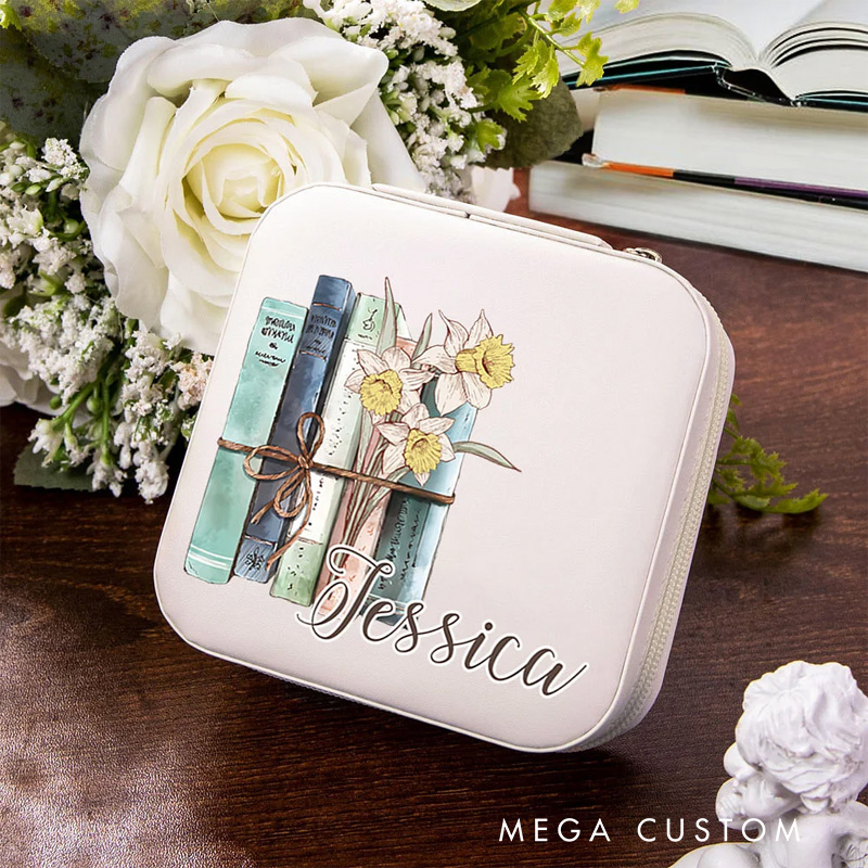 Personalized Book Birth Flower Jewelry Box Portable Travel Accessory Birthday Bridesmaid Gift for Women Book Lover