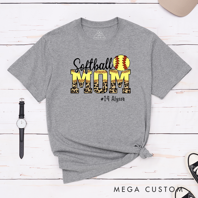 Personalized Softball Mom T-Shirt Design Featuring Leopard Print Bold Text Softball Graphic and Custom Player Name and Number